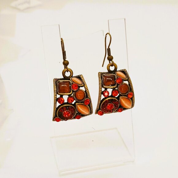Bronze Cats Eye Rhinestone Earrings Boho Dangle Drop Retro Hooks - Picture 1 of 4